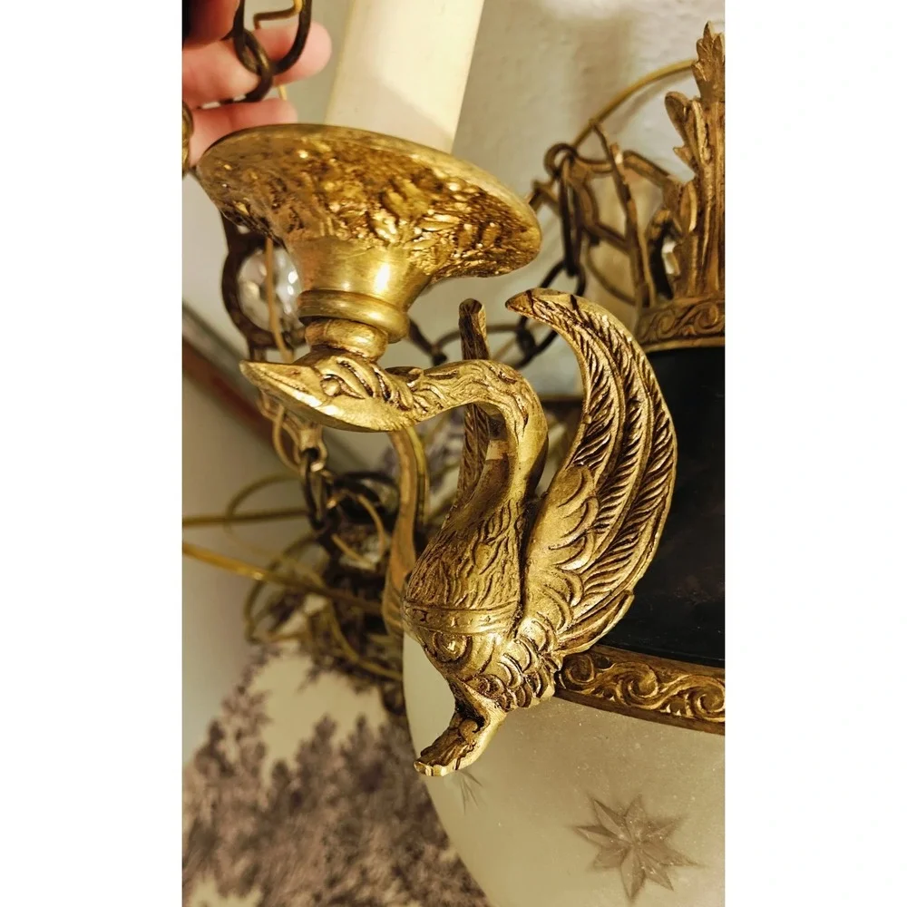 Vintage/Antique Art Deco Empire pendant Swan Frosted Light Fixture Gold Gilt